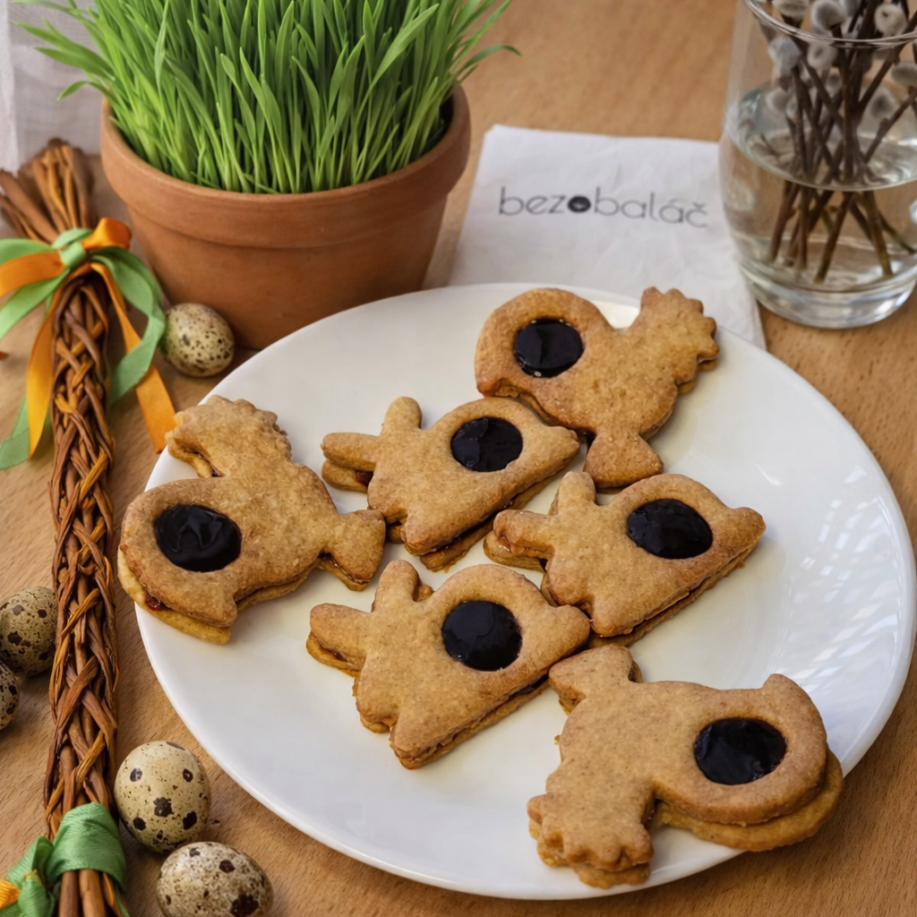 Velikonoční linecké cukroví bez rafinovaného cukru s marmeládou na bílém talíři, jarní dekorace v pozadí